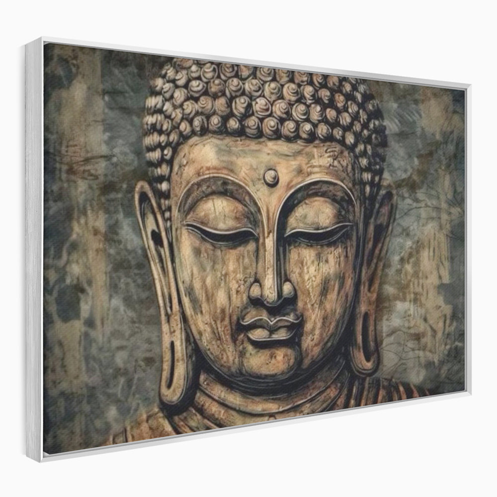 Tablou canvas cu tablou canvas cu capul lui buddha, in rama de aluminiu argintiu